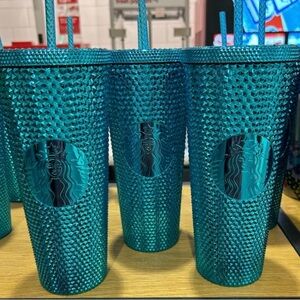 Starbucks Metallic Chrome Cyan Blue Studded Tumbler Cup Venti 24oz NWT 2023